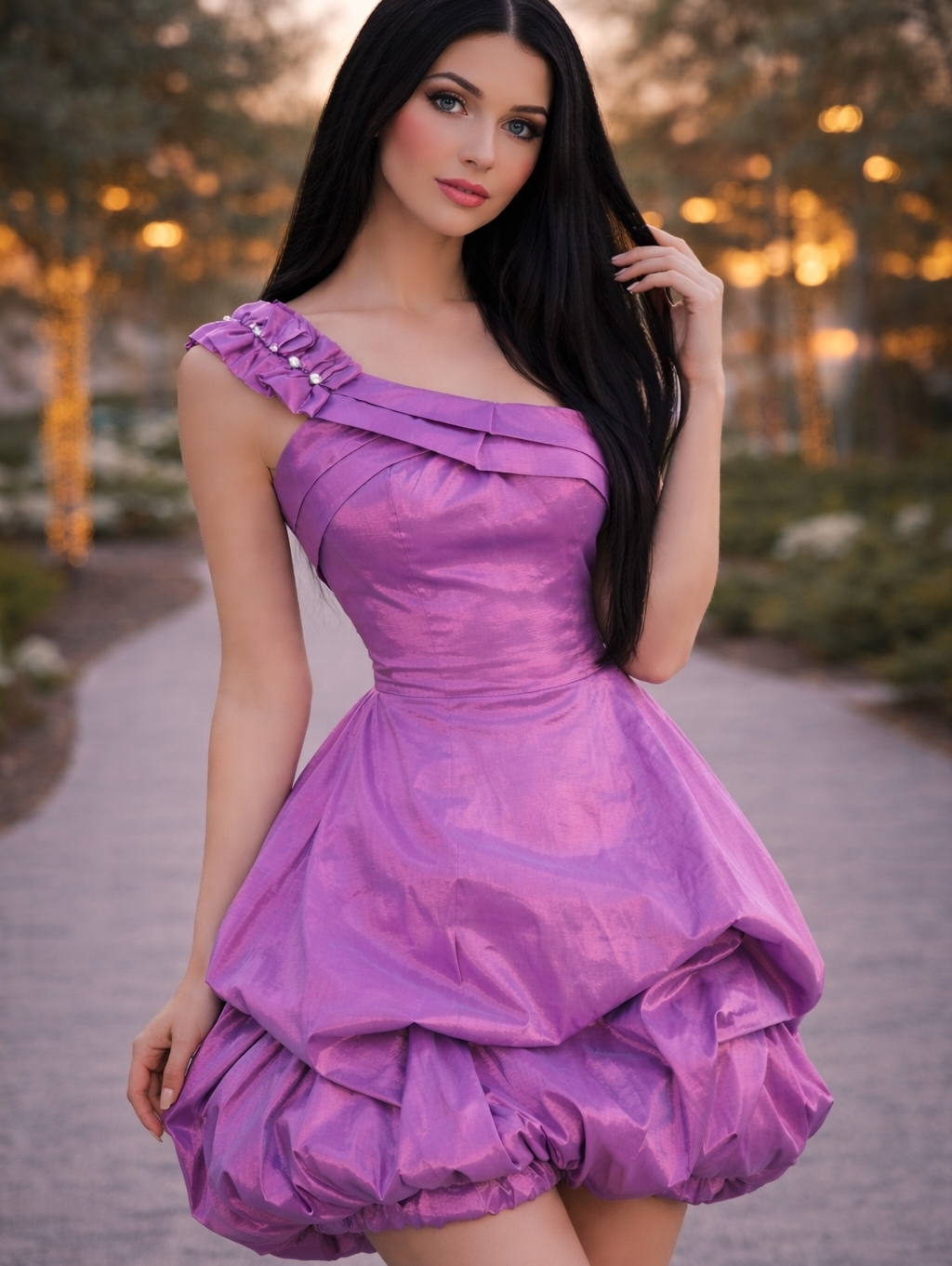 Vintage Y2k Iridescent Purple One-Shoulder Bubble Hem Dress Homecoming Ruffle